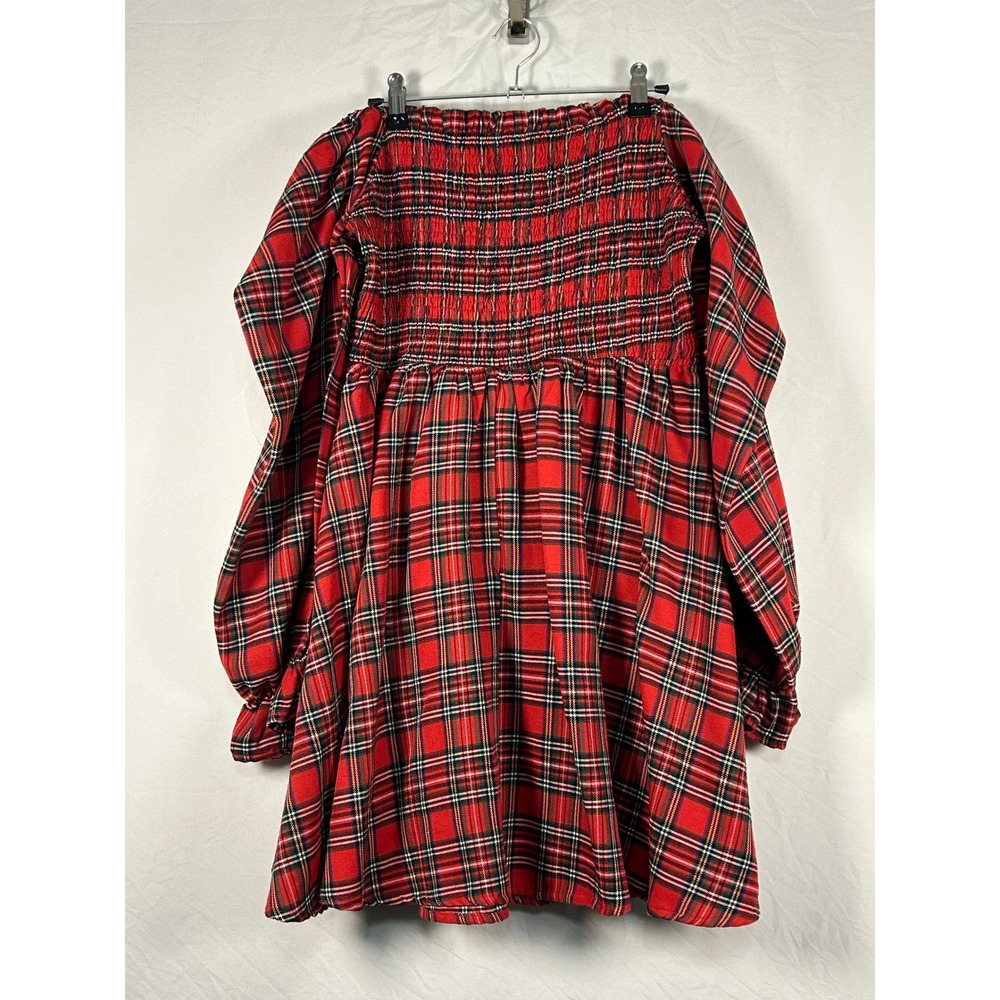 Plaid Mini Dress Women XL Red Smocked Puff Sleeve Ruffle Tartan